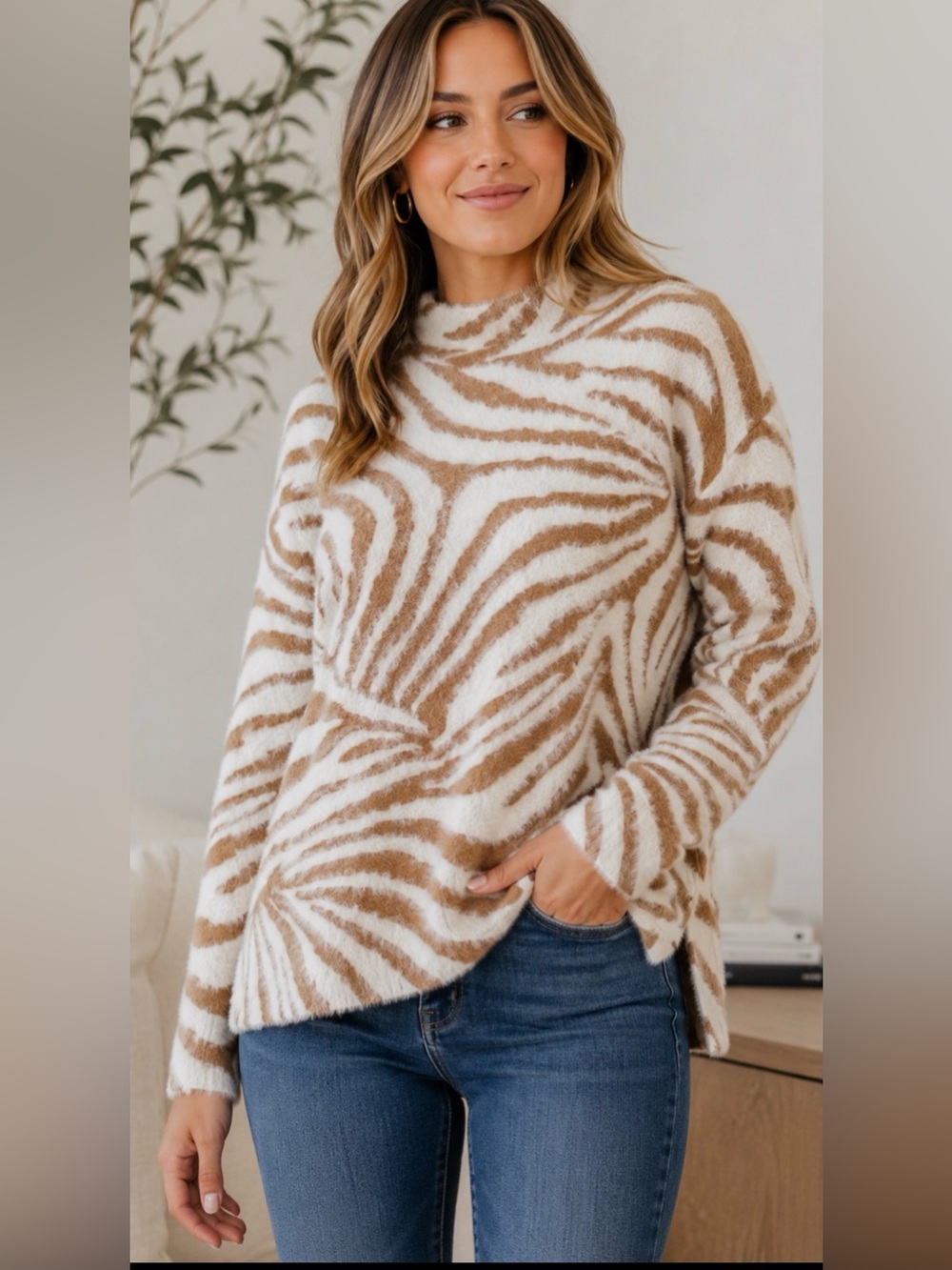 RACHEL ZOE FUZZY ZEBRA SWEETER WOMEN’S MEDIUM COZY SOFT KNIT HI-LOW HEM